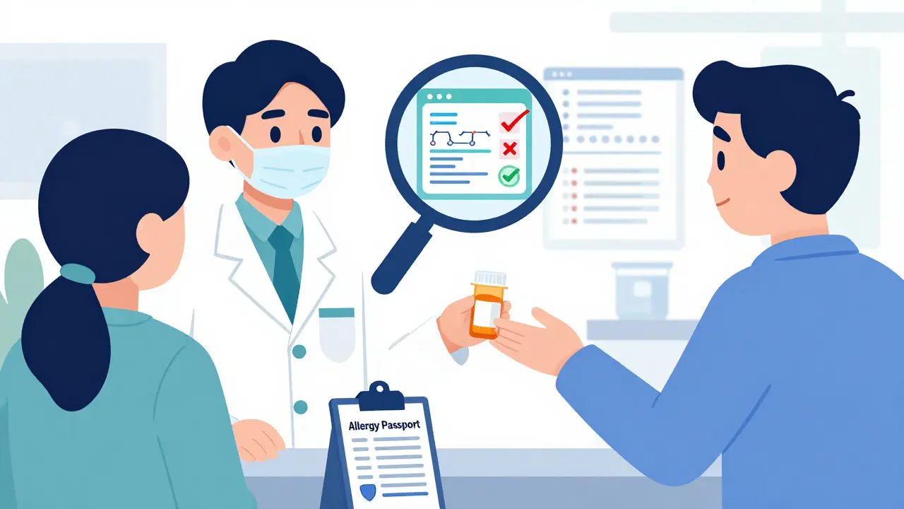 Illustration of pharmacist reviewing medication ingredients with patient