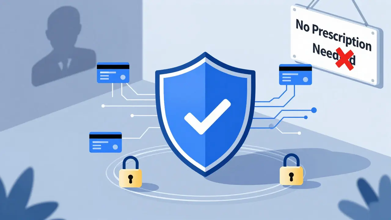 Illustration of secure pharmacy verification shields and safe payment methods