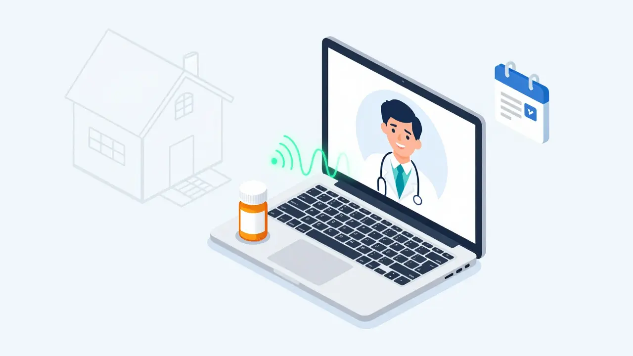 Isometric tech illustration of telehealth video consult and prescription delivery