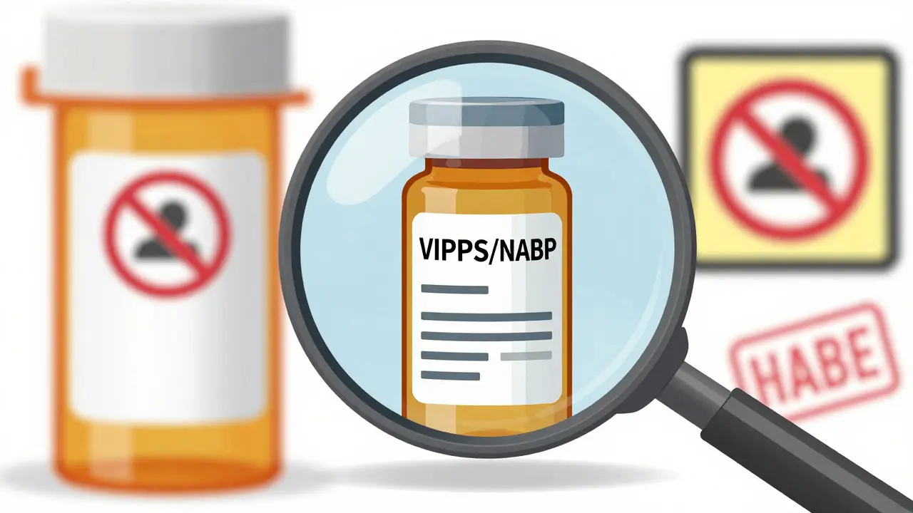 Magnifying glass verifying safe pharmacy credentials
