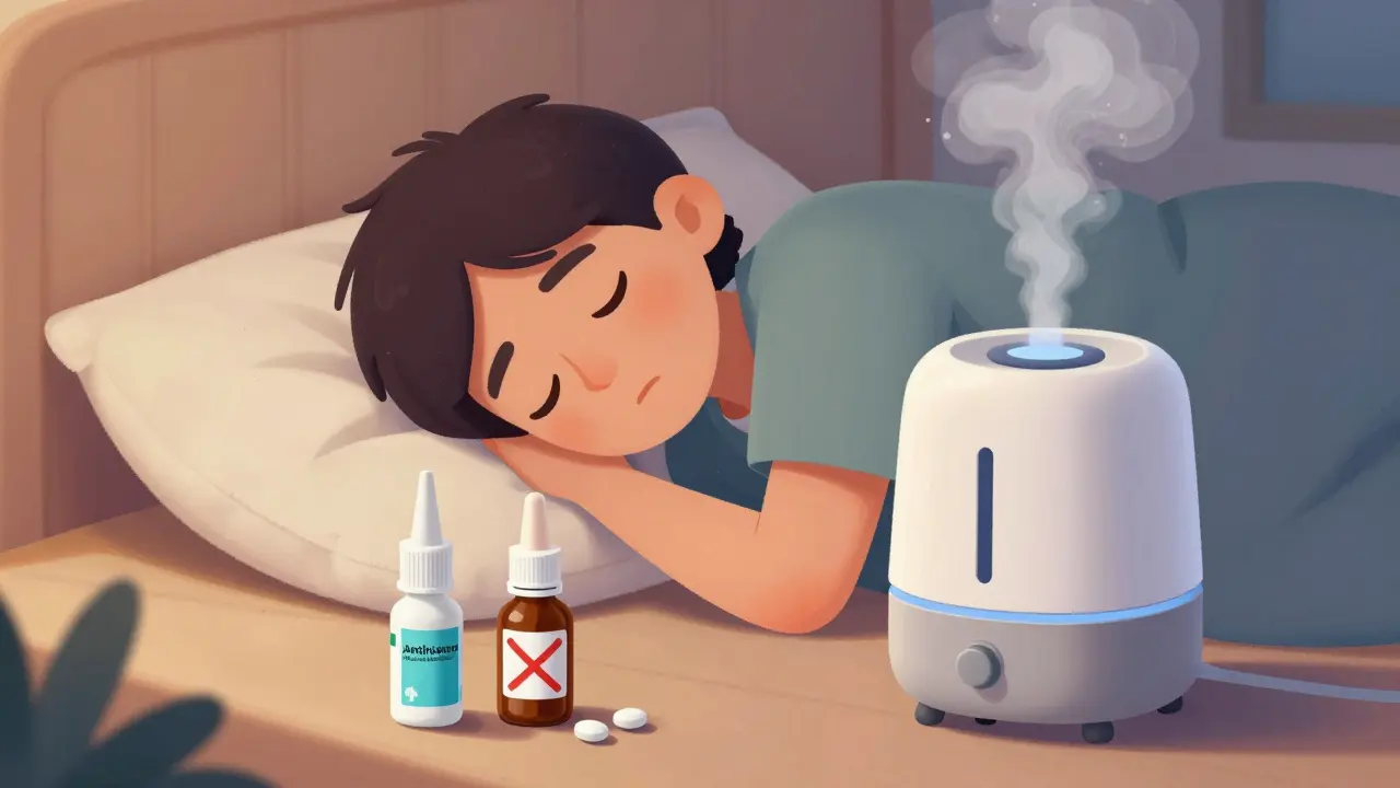 Person sleeping with humidifier and safe nasal care items