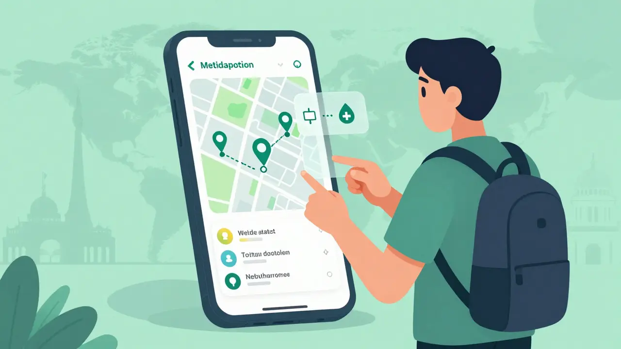 Person using smartphone app to find local doctors and pharmacies while traveling