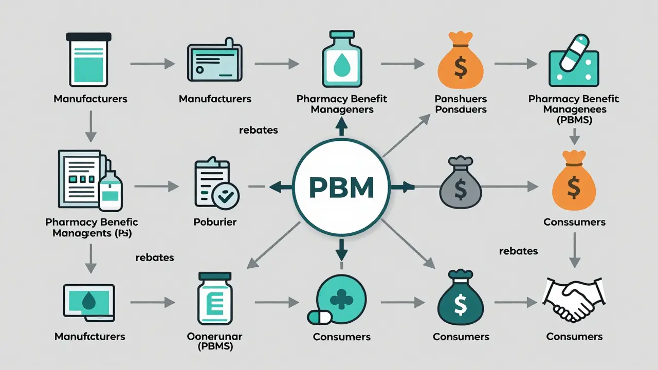 Schematic diagram showing how PBMs handle drug rebates between manufacturers and consumers