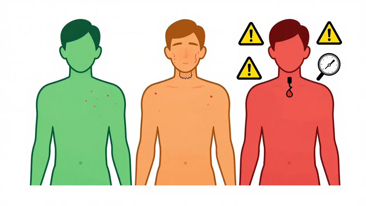 Schematic illustration of mild, moderate, and severe allergy symptoms