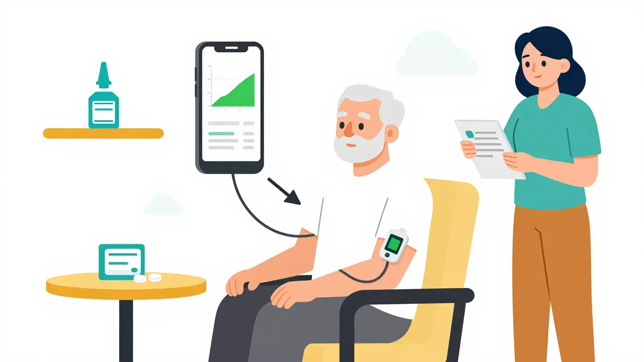 Senior using CGM and emergency supplies for safety