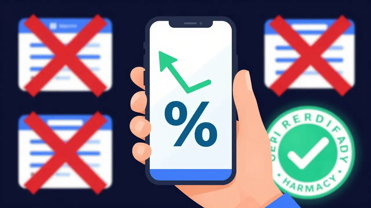 Smartphone showing drug savings with warning against unregulated pharmacies