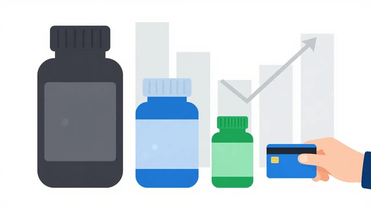 Technical illustration of pill bottles sized by cost to show savings