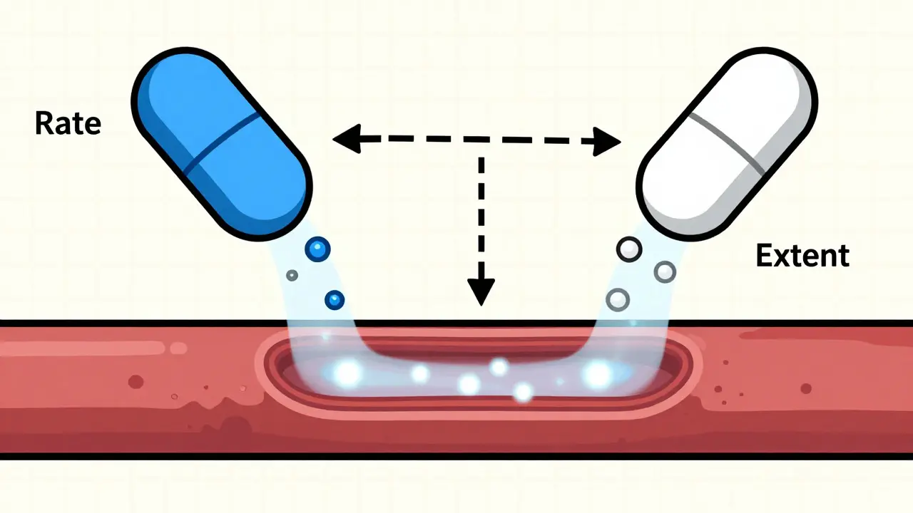Technical illustration showing two pills dissolving identically in the body