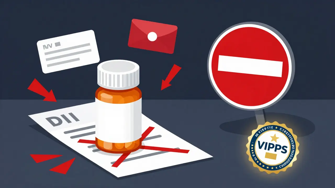 Warning illustration showing red flags for fake online pharmacies