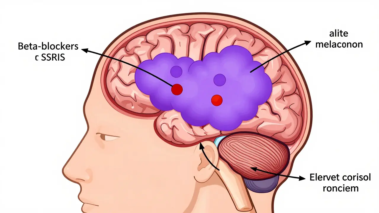 Brain diagram showing blocked melatonin production