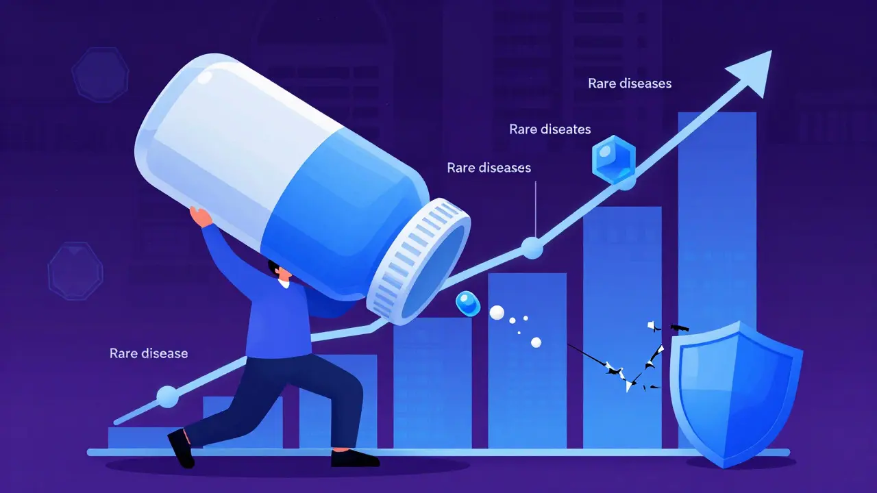 Cartoon illustration of a person holding a heavy pill bottle against a rising cost graph