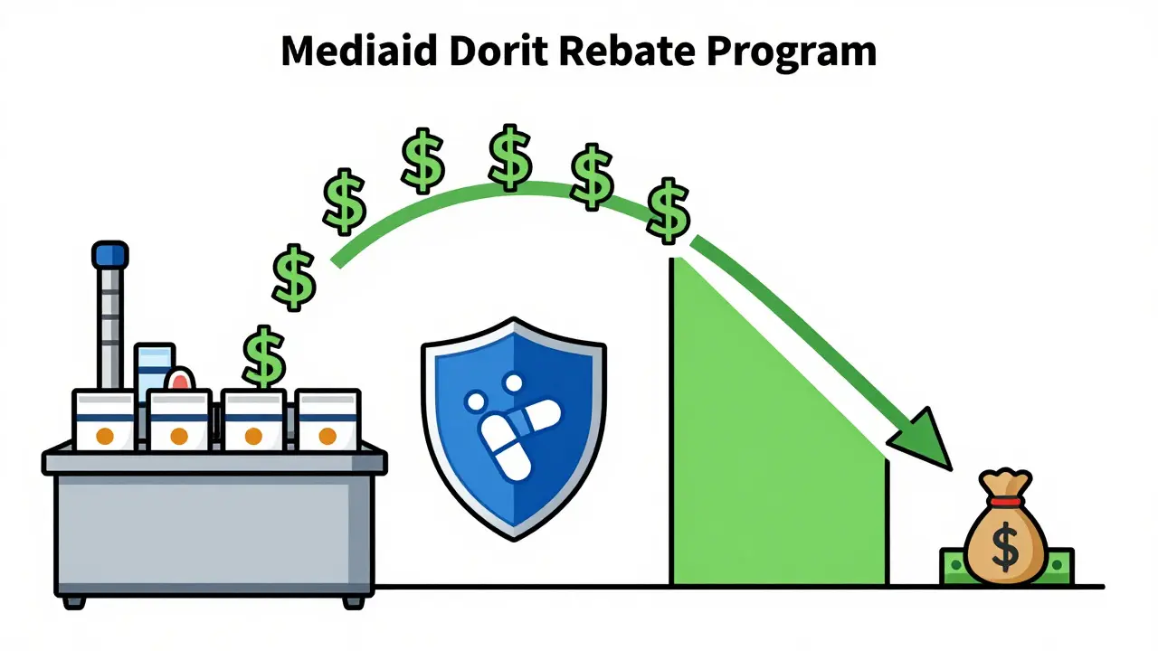 Diagram showing how drug rebates reduce the final price paid by Medicaid patients