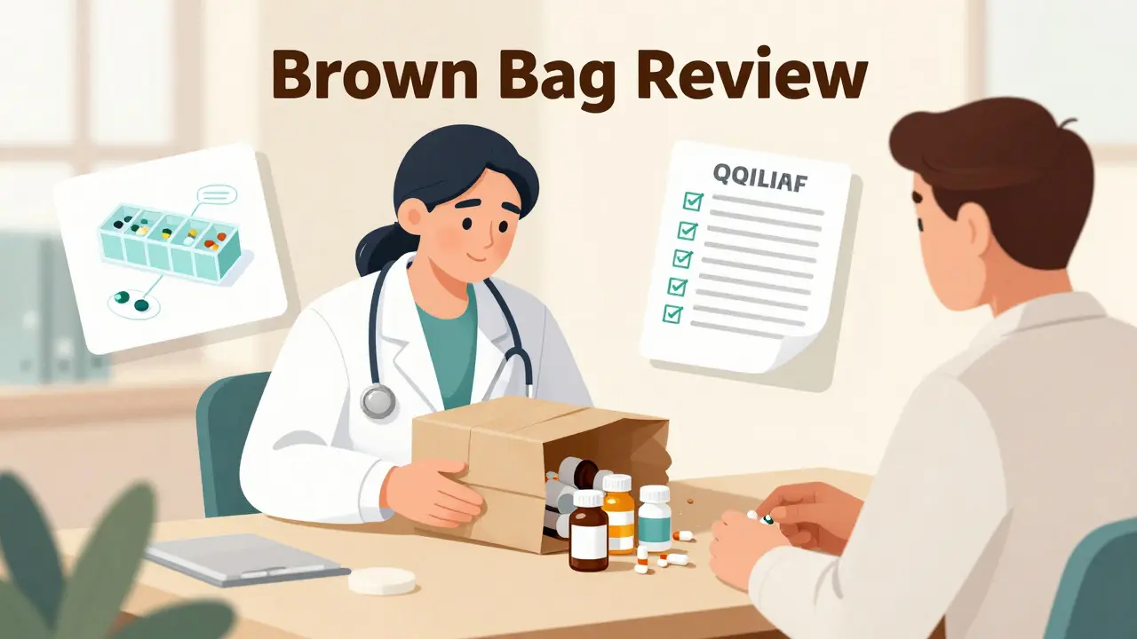 Doctor reviewing medications from a brown bag with a patient