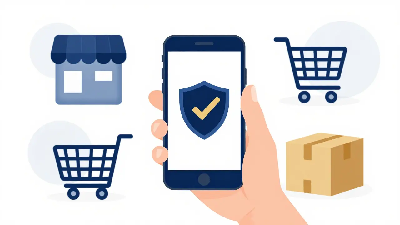 Hand holding a phone with a security shield icon over pharmacy options