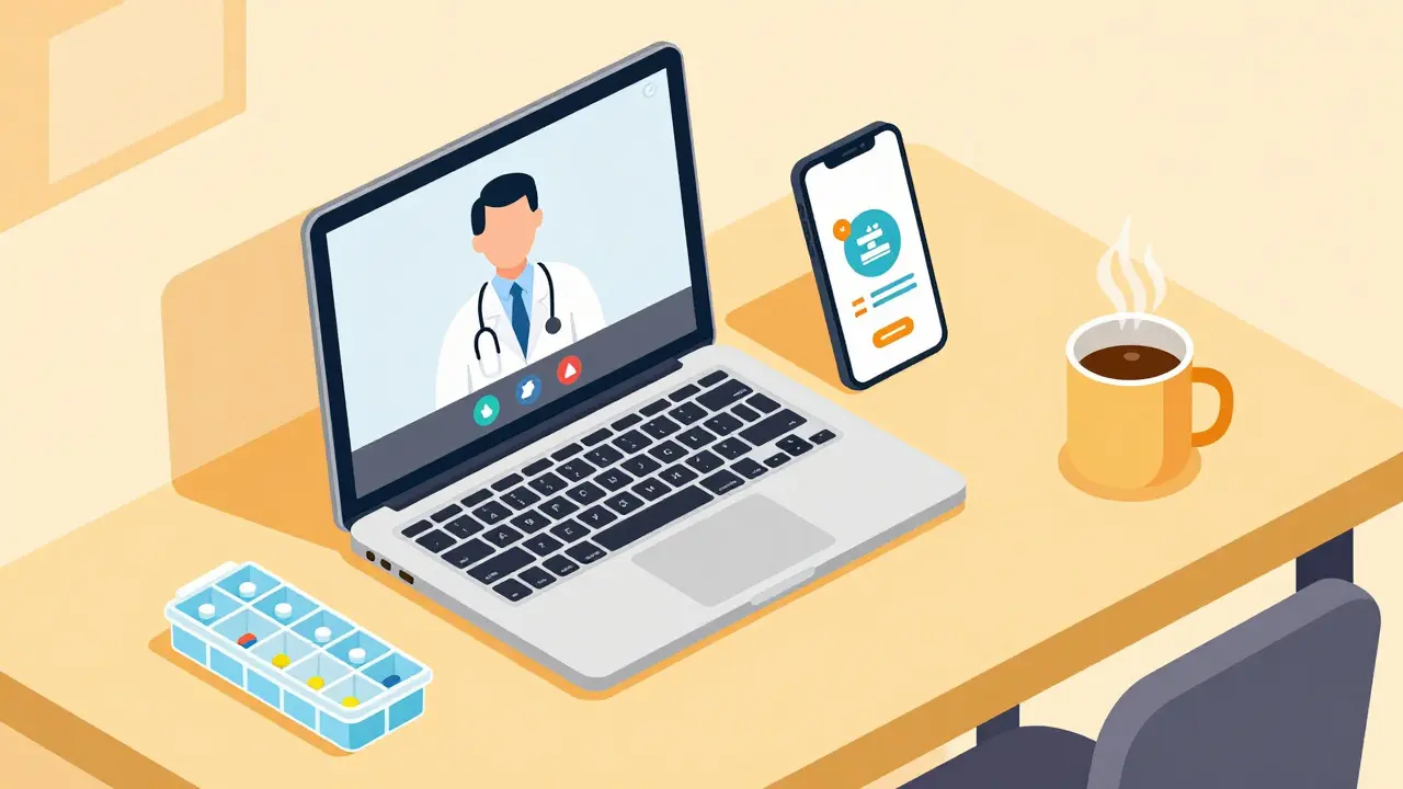 Home office setup with laptop video call and pill organizer for telemedicine
