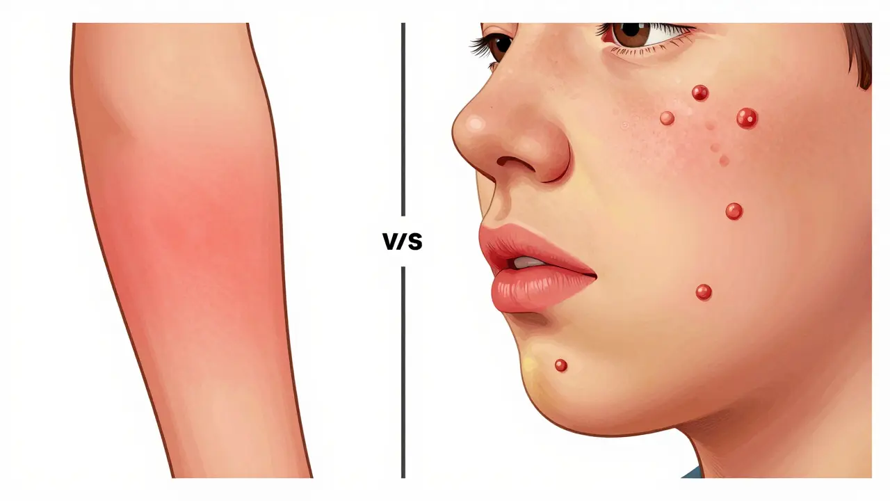 Illustration comparing mild antibiotic rashes with severe allergic reactions like hives