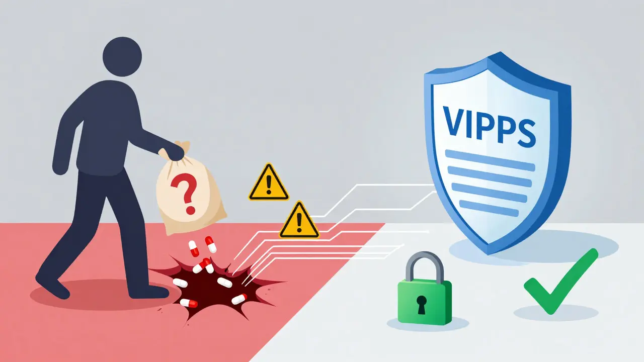 Illustration comparing risks of shady sites versus safe VIPPS pharmacies