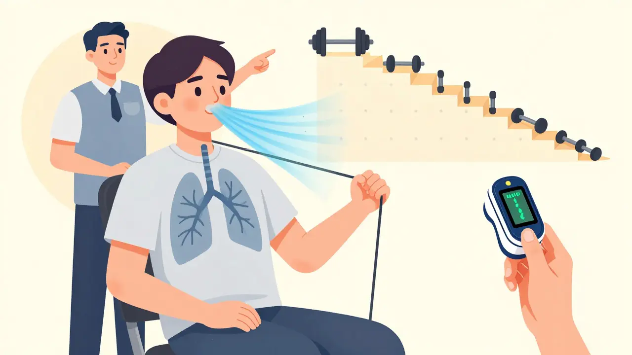 Illustration of a COPD patient performing light resistance training with monitoring equipment nearby