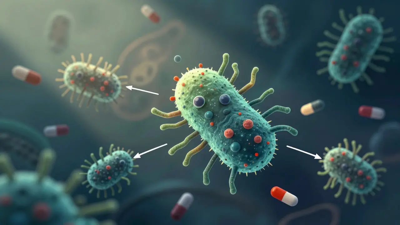 Microscopic cartoon depicting resistant bacteria surviving antibiotic exposure