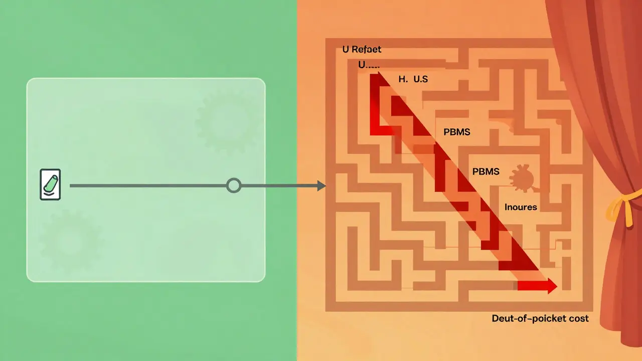 Split-screen technical illustration comparing simple vs complex drug pricing systems