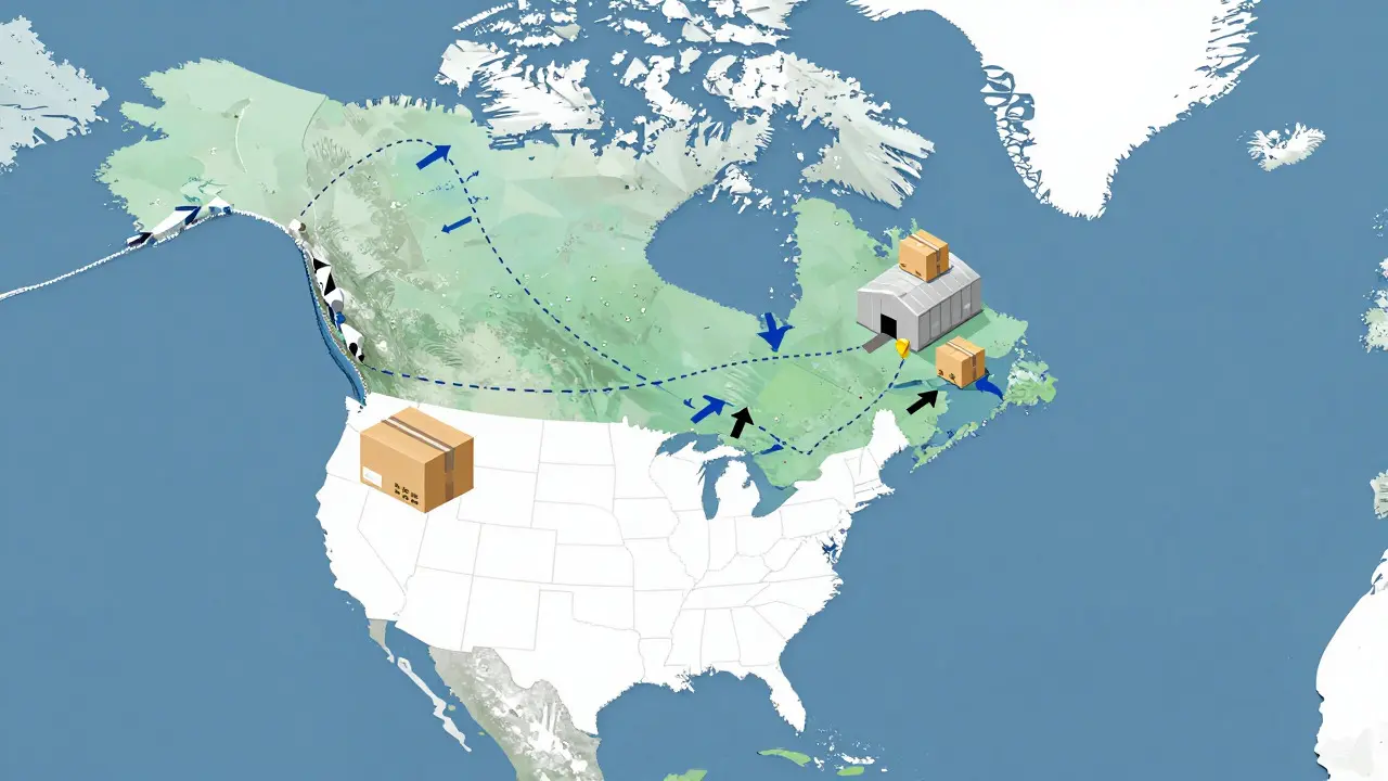 Stylized map showing medication shipping route across the US-Canada border