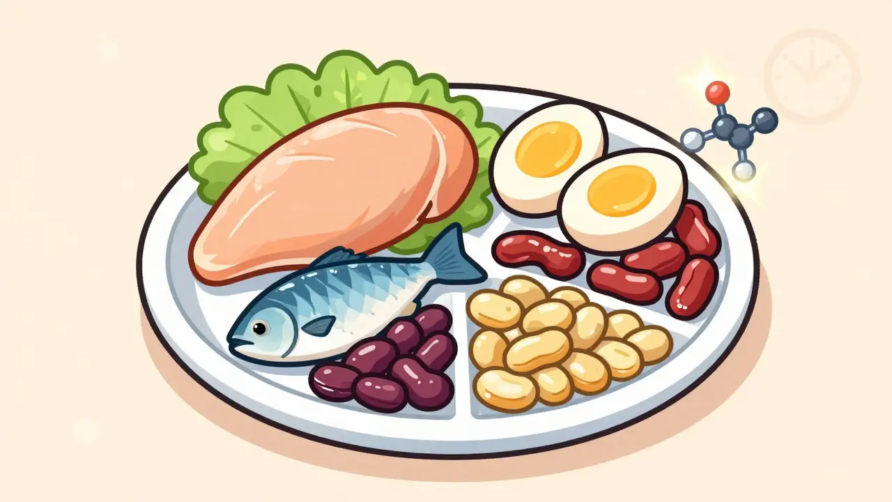 Technical drawing of a balanced meal plan with protein sources and leucine molecule for muscle health