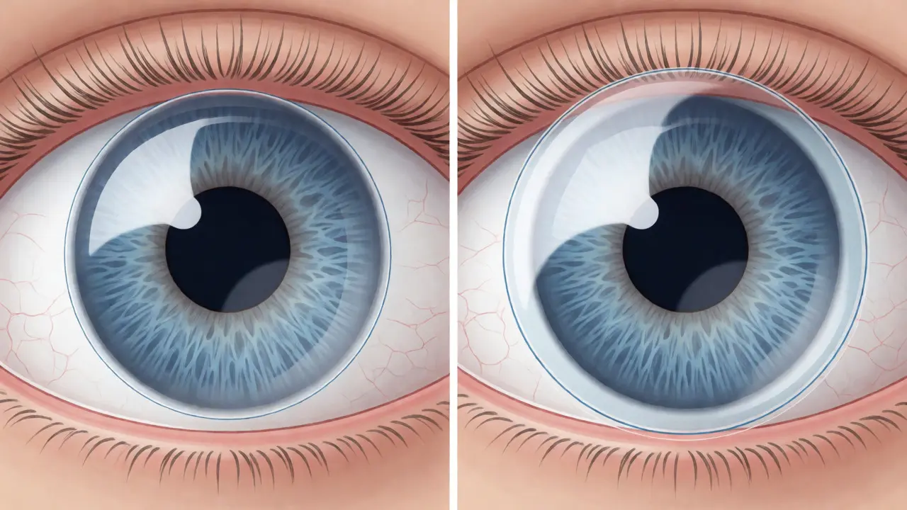 Comparison between small RGP lenses and large scleral lenses on distorted corneas.