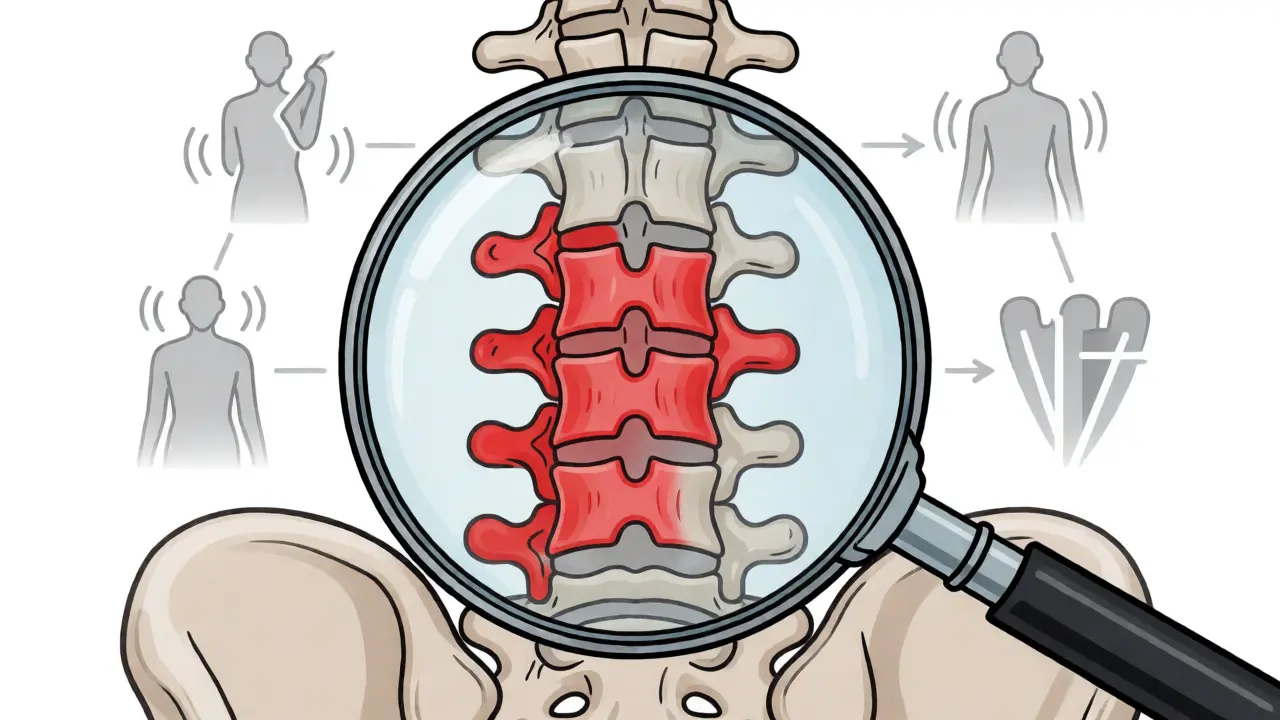 Diagram highlighting serious red flags in lower back anatomy