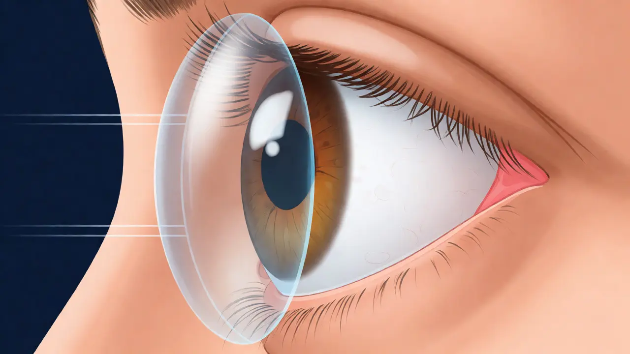 Diagram of a rigid lens creating a smooth tear layer over an irregular cornea.