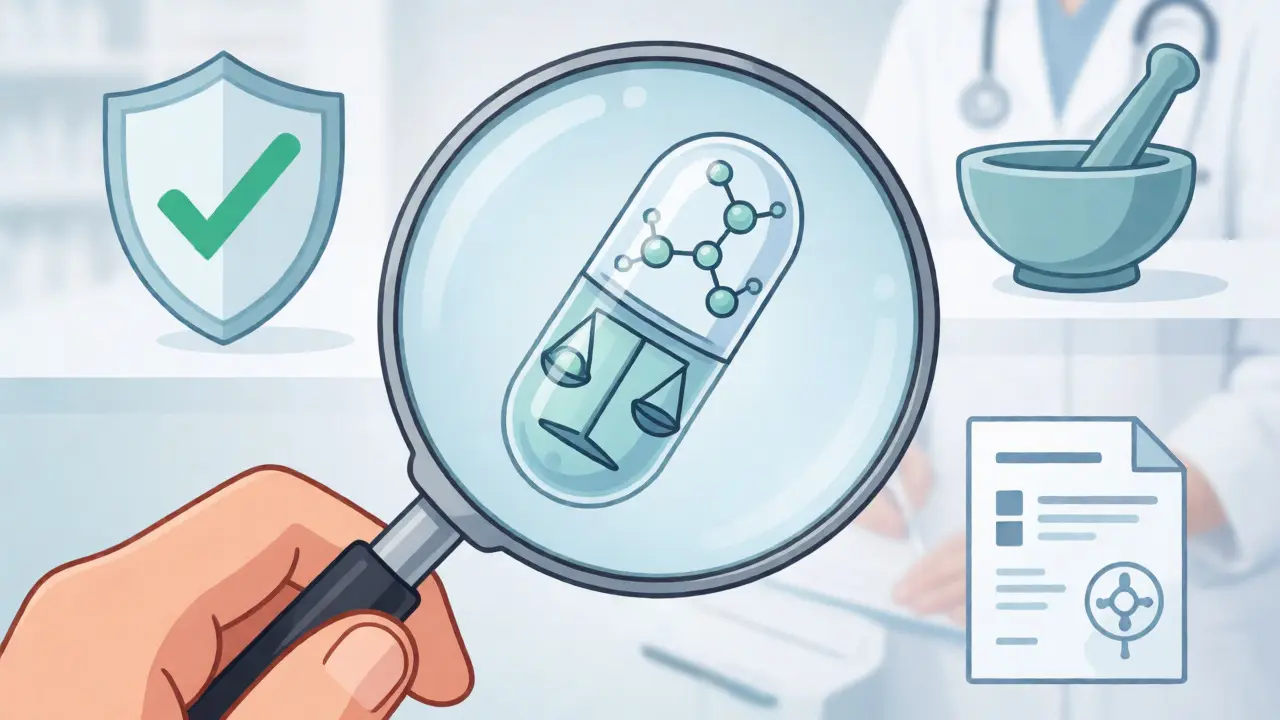 Illustration of a magnifying glass inspecting a pill's chemical balance and safety verification symbols.