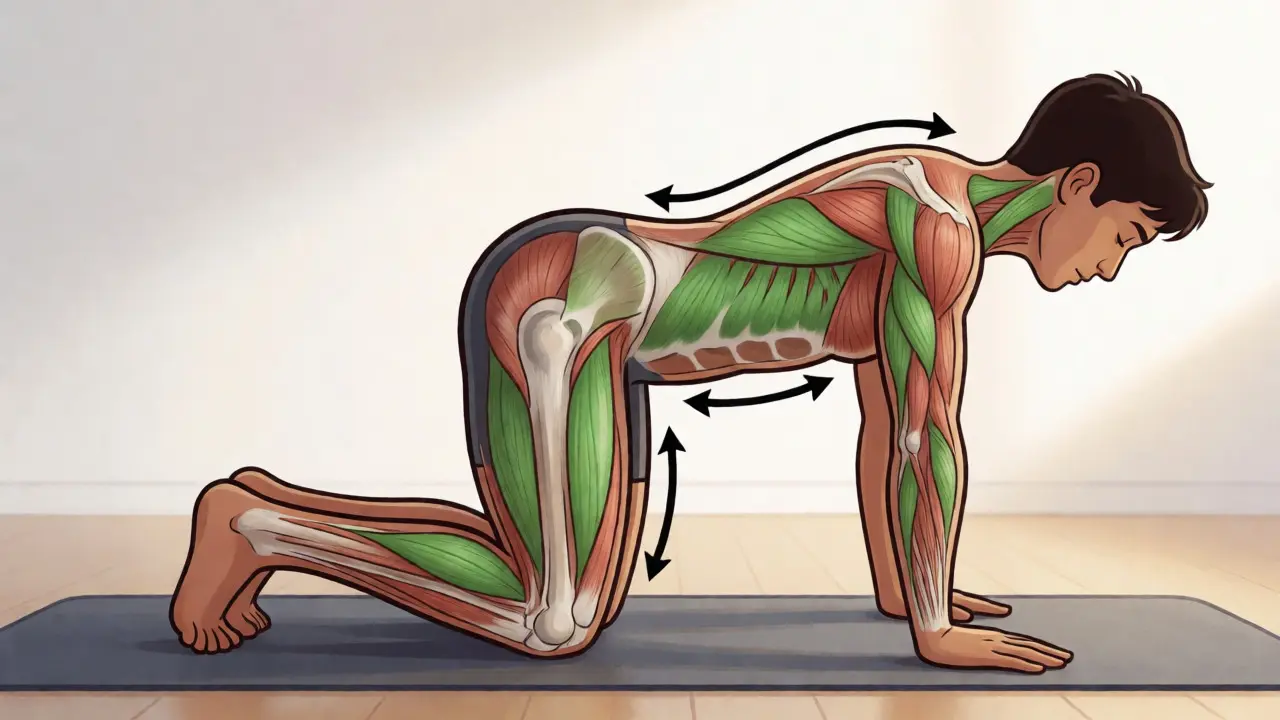 Illustration of bird-dog exercise showing active core muscle engagement
