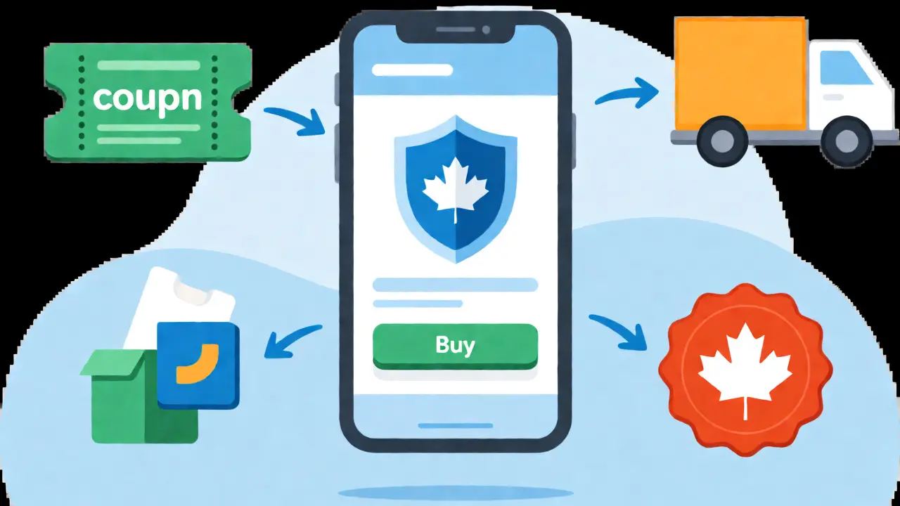 Stylized graphic showing various safe online platforms and methods for purchasing prescription medication.